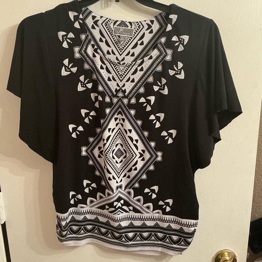 JM Collection Top Size Petite Large Black & White  Short Sleeves Stretch Women's